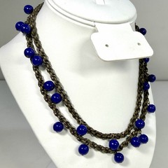 VTG Multi-Strand Bronze Toned Cobalt Blue Beaded Necklace Dangle Boho Chic 16″