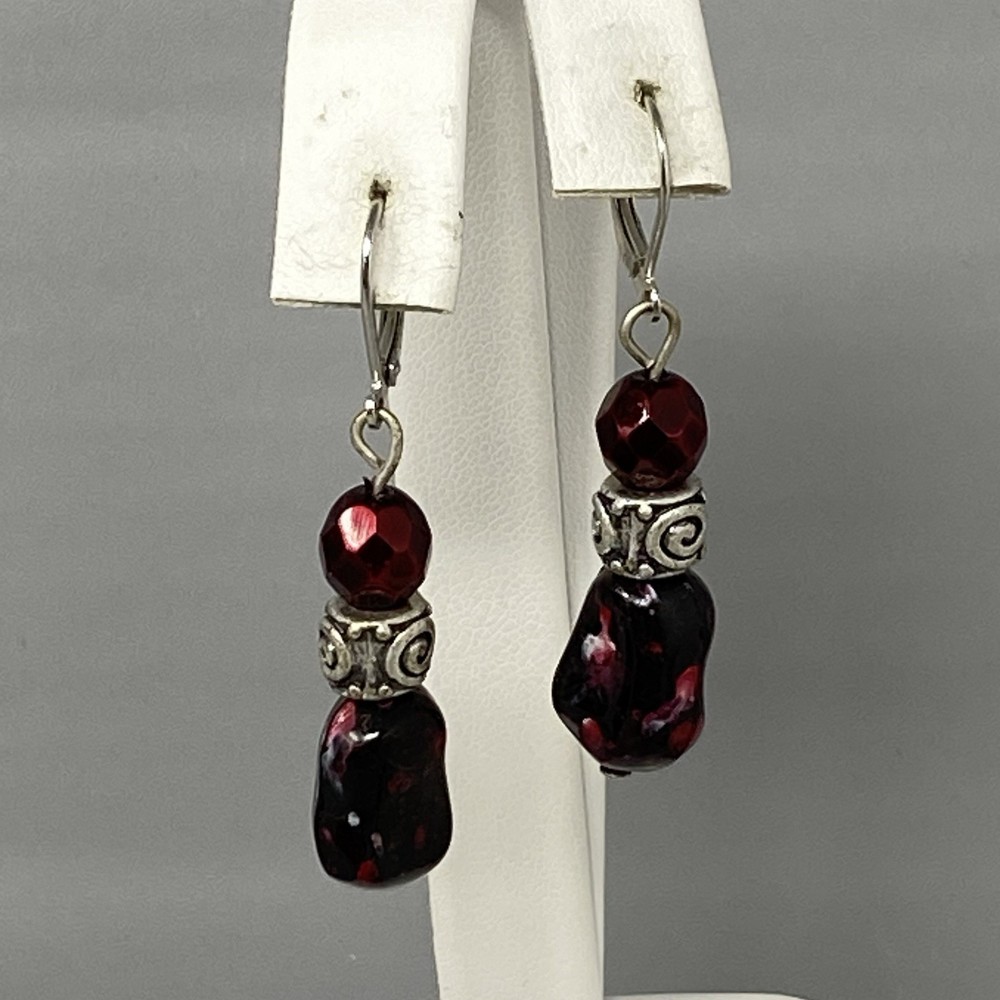Beaded Dangle Drop Earrings Garnet Color Silver Tone Leverback Acrylic Pierced