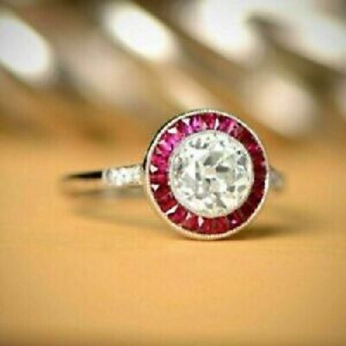 1.35Ct White Round Cut CZ & Red Baguette Antique Style Art Deco 925 Silver Ring