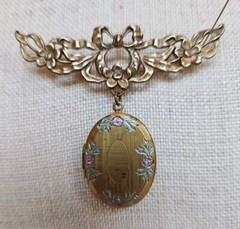 Vintage Locket Pendant Brooch with Flowers & Bow 2.5″ Wide & 2″ Long 441J