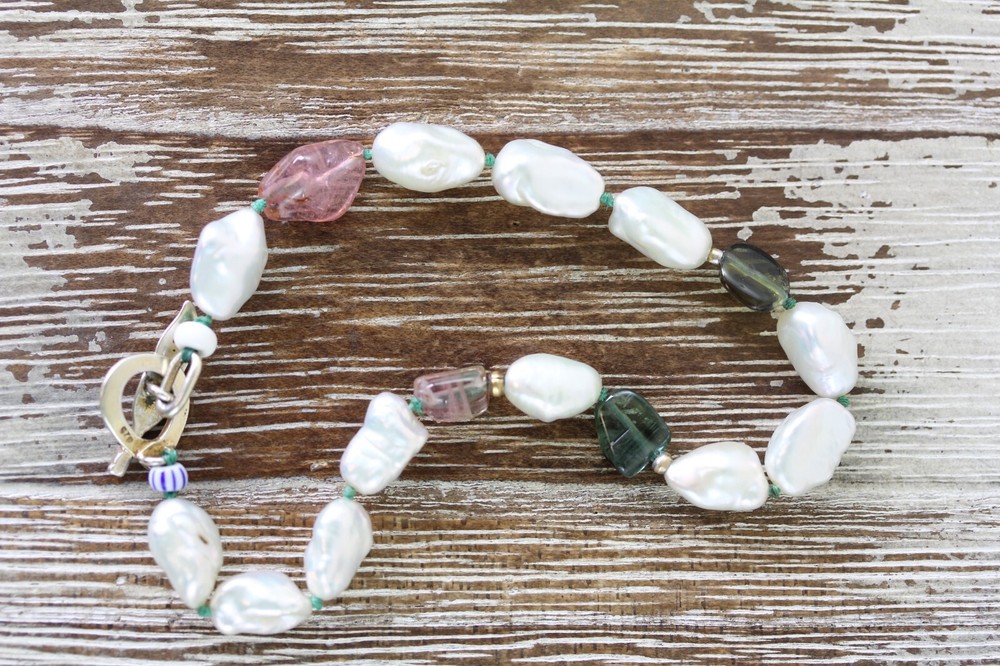 VINTAGE TOURMALINE PEARL STERLING SILVER 925 BEADED BRACELET 8″ STACK TOGGLE