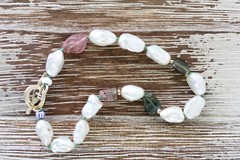 VINTAGE TOURMALINE PEARL STERLING SILVER 925 BEADED BRACELET 8″ STACK TOGGLE