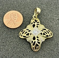Vintage Gold Plated Clear Rhinestone Ornate Filigree Art Deco Pendant