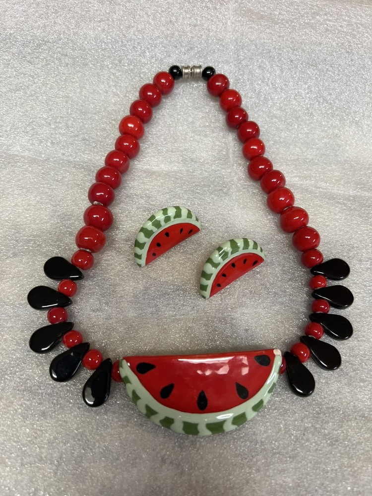 Flying Colors Ceramic Watermelon Necklace 1980s Funky Summer Jewelry Small Flaw