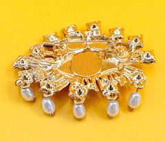 Gold Tone Faux Pearls & Rhinestones Acrylic Eye Brooch Contemporary