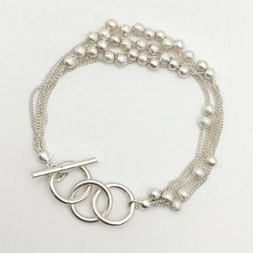 Silver Tone 6 Strand Textured Ball Beaded Curb Chain Toggle Bracelet 7.5” #14