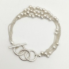 Silver Tone 6 Strand Textured Ball Beaded Curb Chain Toggle Bracelet 7.5” #14