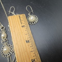 Vtg Wire Filigree Necklace 17” & Bracelet 7” Earrings Faux Pearls Set Boho 1980s
