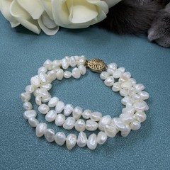 Vintage 14K GOLD 🖤 Triple 3 Strand Cultured BAROQUE Freshwater Pearl Bracelet
