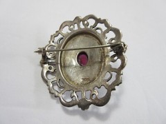 Vintage 900 Silver &Pink Stone Niello Brooch Pin ~ 14.5 grams