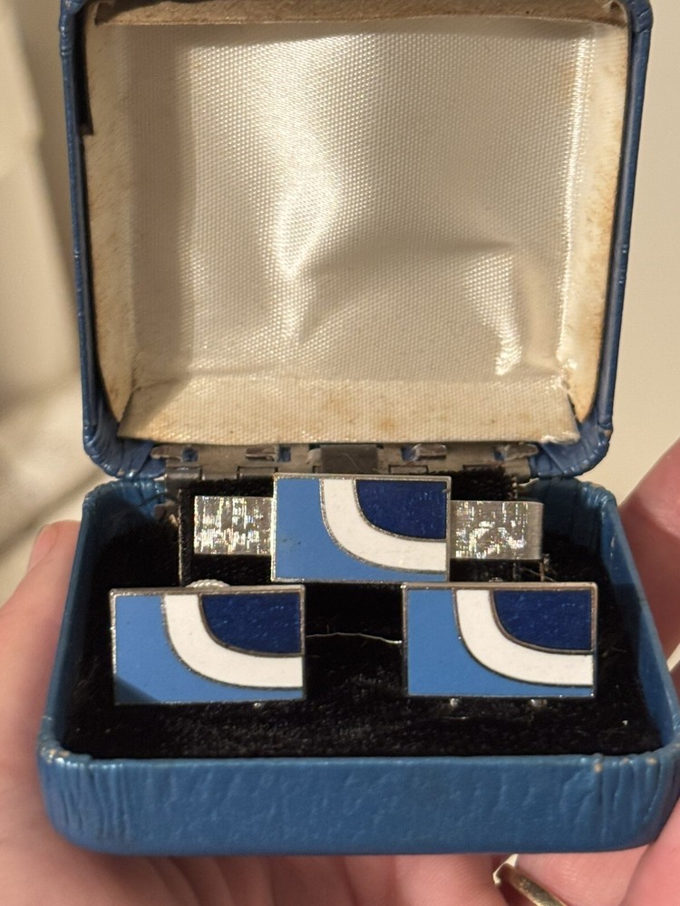 Vtg Matching Tie Bar & Cufflink Set Blue & White Enamel SilverTone W/ Box Retro