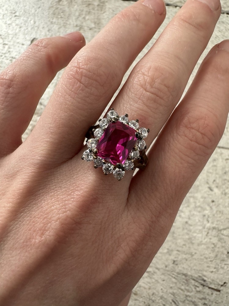 Vintage Sterling Vermeil Pink Topaz CZ Simulated Diamonds Ring
