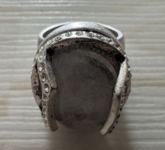 Signed Kim Fowley Statement Ring Silver Tone Gray Cabochon Rhinestone Vintage