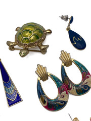 11pc Vintage Enamel Jewelry Lot 5 Pair Earrings Turtle Brooch Cloisonne