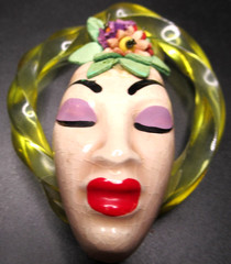 ELZAC Victim of Fashion Lucite Head Dress Ceramic Face Vintage Pin Brooch