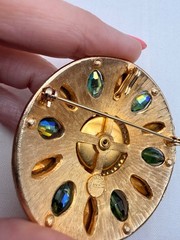Vintage Accessocraft Brooch Pendant Green Gold Rhinestone Gold Tone Sunburst