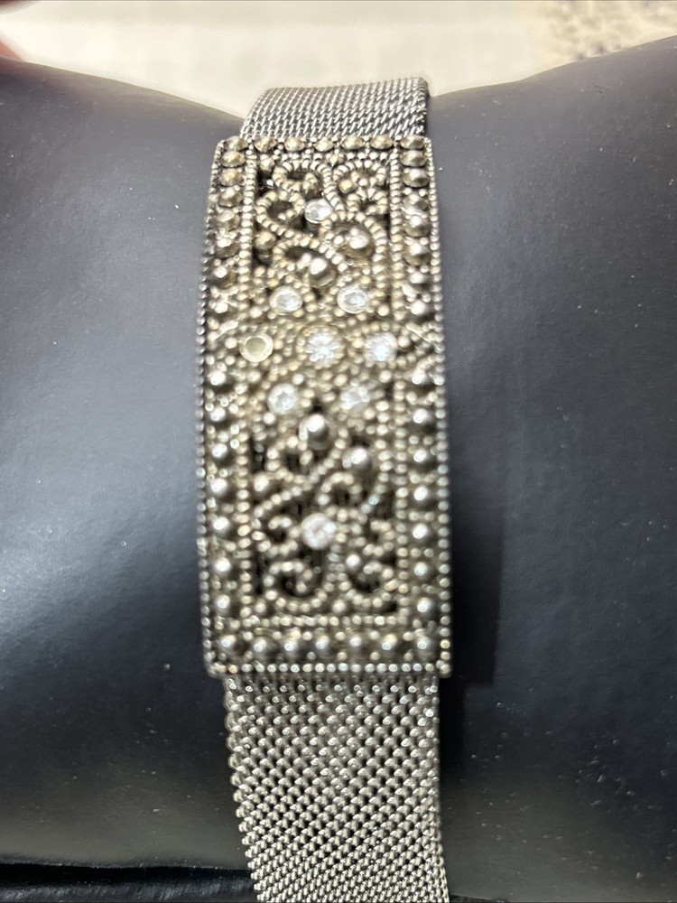 Vintage Square Marcasite Mesh Band Bracelet Magnetic Clasp 7″