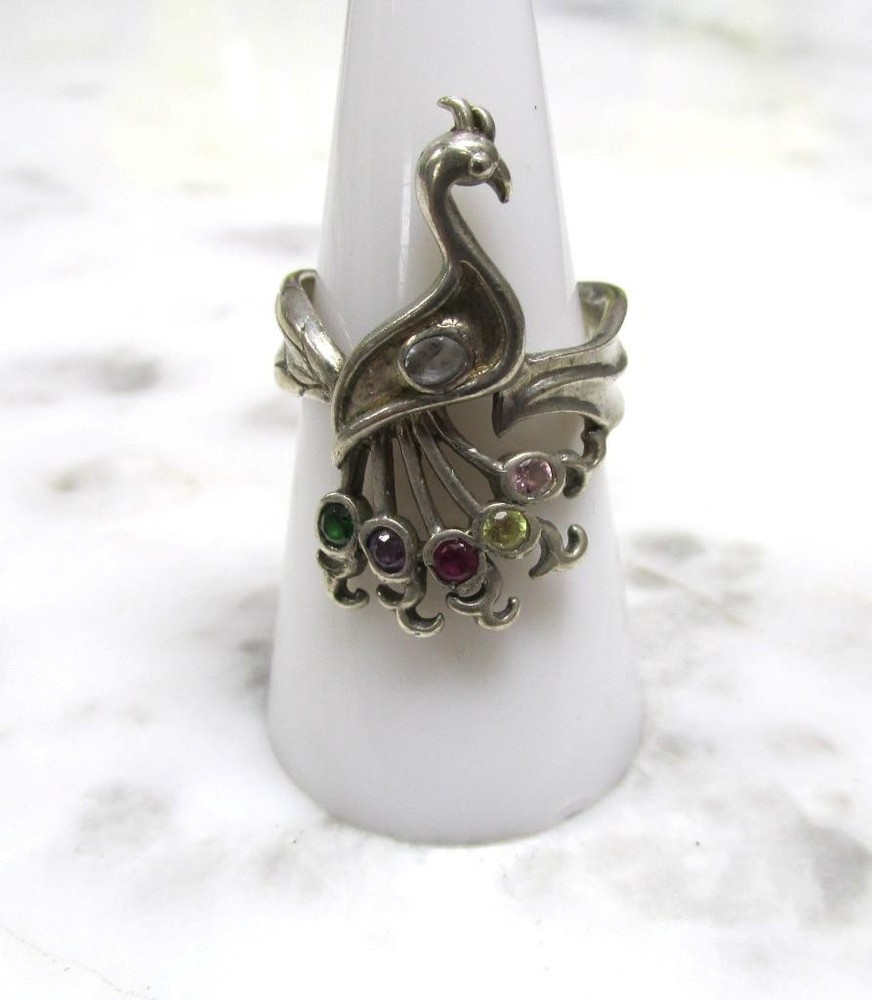 Women’s Sterling Silver Peacock Design Ring w/ Gemstones Sz 7.5 ~ 6.4g ~ 7-C587