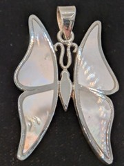 925 Sterling Silver Butterfly Pendant. Shell Inlay. 10.7 Grams. 30mm Wide x 45mm