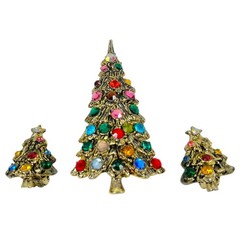 Vintage Rhinestone Gold Tone Christmas Tree Brooch with Matching Earrings