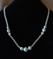 Vintage Jewelry Venetian Murano Blue Wedding Cake & White Glass Beads Necklace