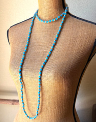 1920s Art Deco Czech Turquoise Glass Bead & Brass Necklace 56″ Flapper Strand