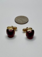 Vintage Anson Gold Tone Ruby Red Cabochon Mid Century Jelly Belly Cufflinks