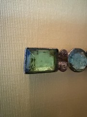Antique 2” Art Deco Bar Brooch signed “CZECHSLOV” / 2 Green 1 Blue Glass Stones