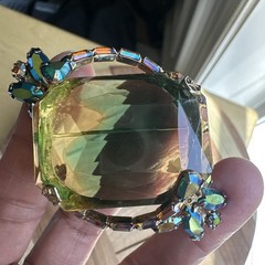 VTG Shadowbox Cocktail Brooch 2 Inch Vitrail Emerald Cut Blue AB Gold Filigree