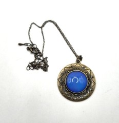 Antique Brass Look Necklace With Blue Glass Stone Pendant On Chain