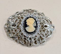 Vintage Silver Tone Filigree Cameo Brooch | Black & Ivory Resin Cameo |