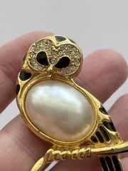 Vintage Owl Brooch Bird Pin Faux Pearl Belly Gold Tone W/ Rhinestones 2.5”