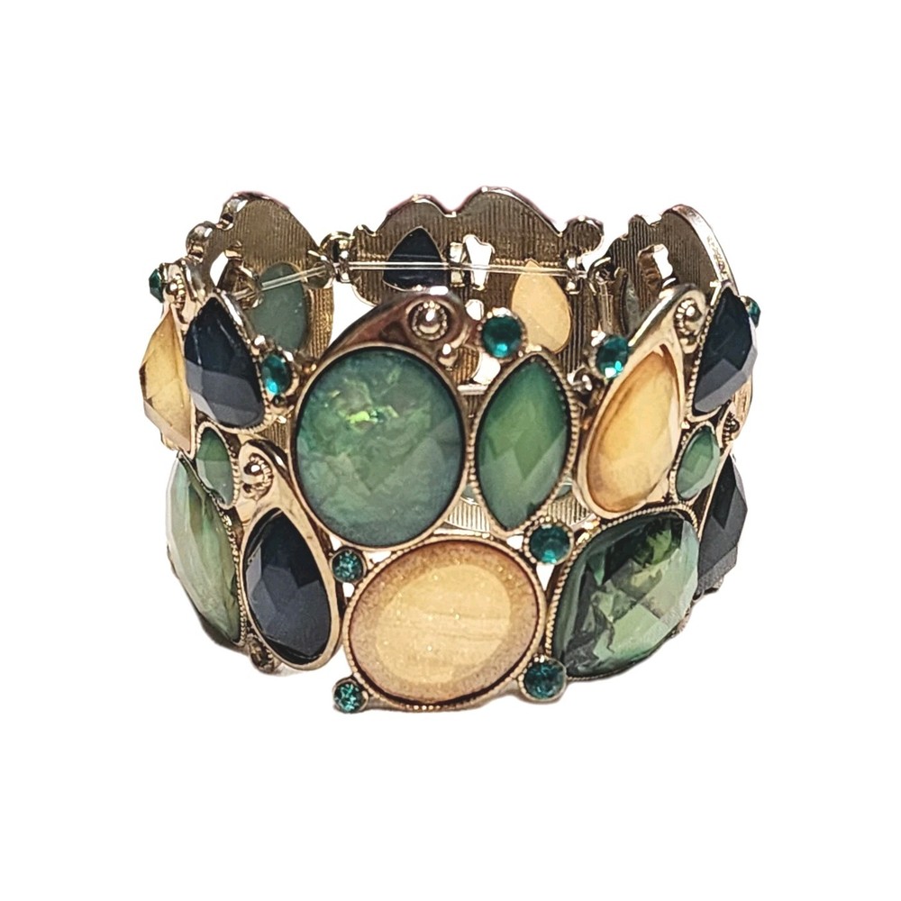 VTG Shades of Green & Yellow Shimmering Faux Opal Stretch Cuff Bracelet 6.5″