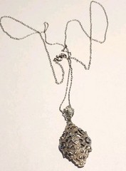 Edwardian Pendant / Necklace, Sterling Silver Filigree, Marcasites, 28 in. Chain