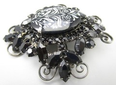 BEAUTIFUL DELIZZA & ELSTER JULIANA JAPANNED JET RHINESTONE ART GLASS BROOCH PIN