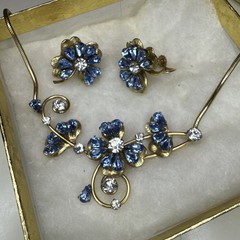 Vintage Krementz Blue Floral Necklace Earrings, 14k Rolled Gold