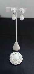 Vintage Miriam Haskell Milk Glass Flower Brooch & Earrings White Floral Dangles