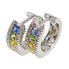 Fabulous 14k Solid White Gold Natural Rainbow Sapphire Diamond Hoop Earrings
