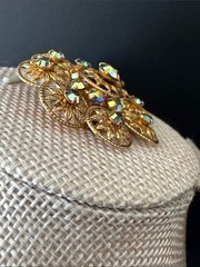 VTG Gold Tone Aurora Borealis Rhinestone Flower Cluster Brooch Pin 1950s/1960s
