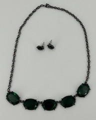Emerald Green Necklace Earring Set Gun Metal Acrylic Modern Choker 17 Inch