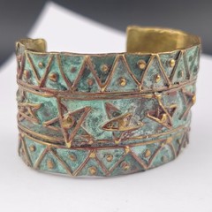 Chunky Vintage Elaine Coyne Verdigris Brass Clip Earrings & Cuff Bracelet Set