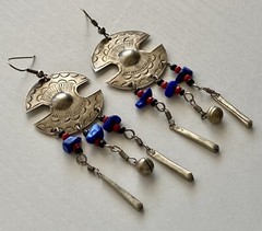 Vintage Lapis Silver Tone Dangling Earrings Large 3.5in Red Black Beads 9.84g