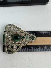 Vintage Art Deco Costume Green And White Rhinestone Clip On Brooch