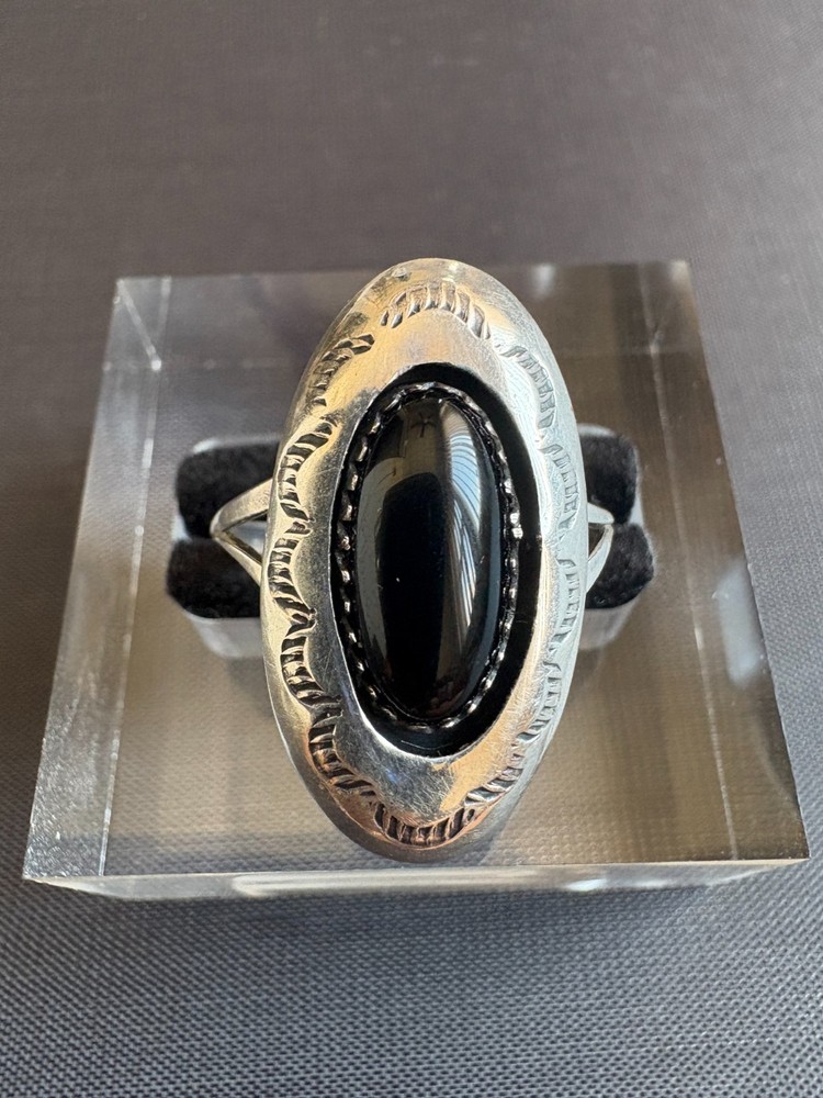 925 Sterling Silver Southwestern Style Black Onyx Stone Ring Size 9.25 US