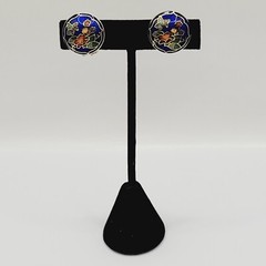 Cloisonné Small Butterfly & Flowers Round Blue Enamel Gold Tone Clip On Earrings