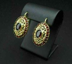 Vintage Style Oval Garnet Lab Created Diamond Wedding 14K Yellow Gold FN Earring