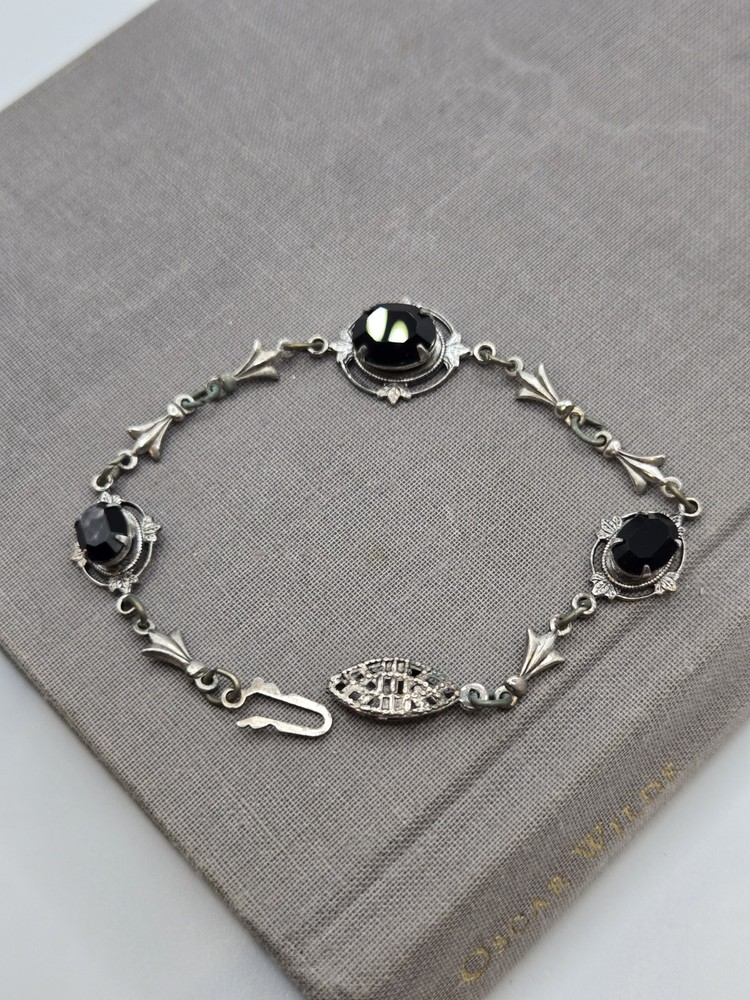 Vintage Black Crystal Art Deco Victorian Revival Bracelet Sadie Green 7 Inches