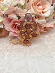 Vintage Pin Lavender Pink Crystals Gold Plated Flower Pin Bouquet of Flowers 3″