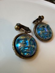 Grandmother’s Buttons Vintage Earrings Czech Art Glass Man In The Moon Clip-On