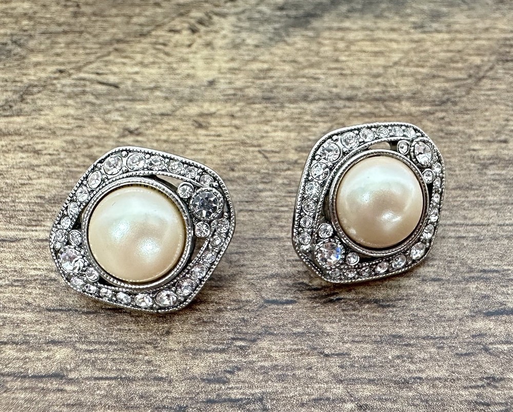 Vintage MONET Clip Earring Faux pearl PAVE crystal accent Silver tone .75 in